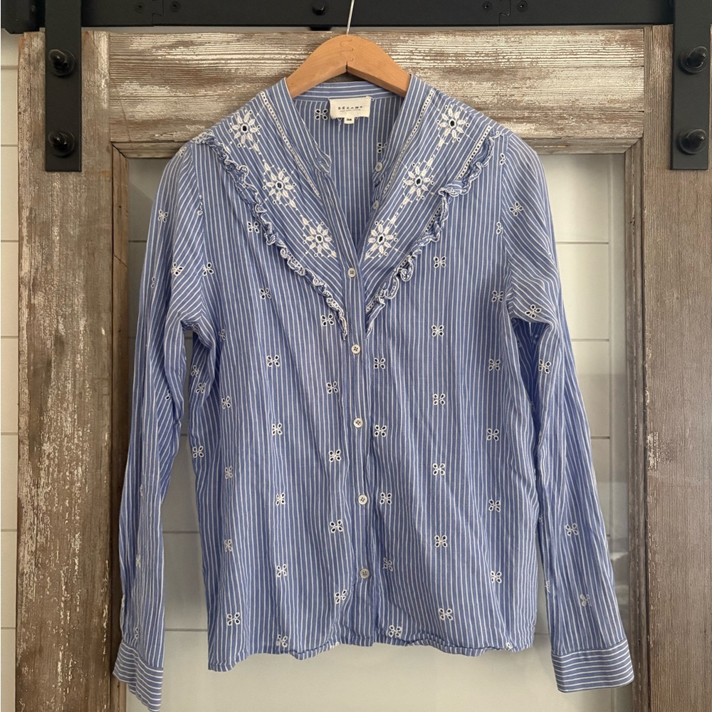 Sezane Blue and White Embroidered Blouse